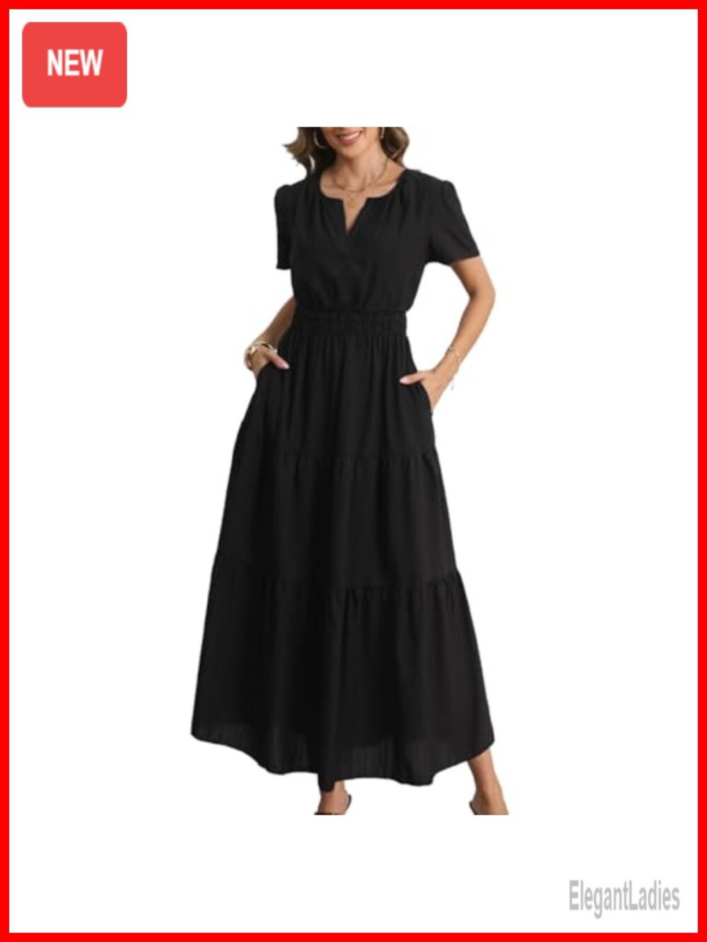 Women's Maxi Dress Short Sleeve V-Neck Loose Fit Casual with Pockets